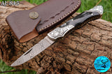 CUSTOM MADE POCKET KNIFE / HAND FORGED DAMASCUS STEEL FOLDING BLADE KNIFE / BULL HORN HANDLE 845