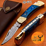 CUSTOM MADE POCKET KNIFE / HAND FORGED DAMASCUS STEEL FOLDING BLADE KNIFE / WOOD HANDLE 671