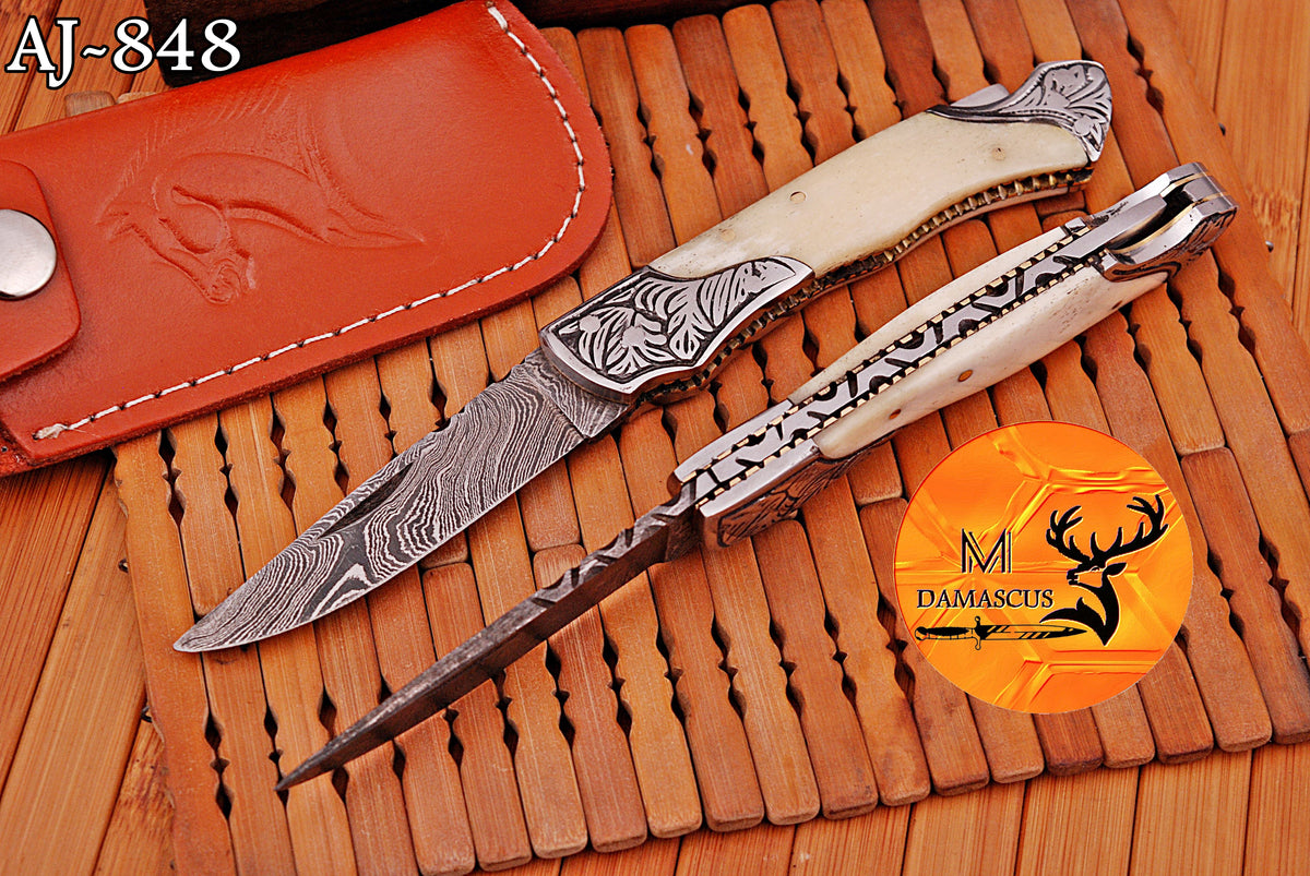 CUSTOM MADE POCKET KNIFE / HAND FORGED DAMASCUS STEEL FOLDING BLADE KNIFE / CAMEL BONE HANDLE