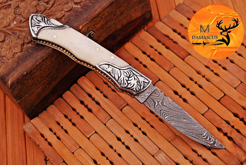 CUSTOM MADE POCKET KNIFE / HAND FORGED DAMASCUS STEEL FOLDING BLADE KNIFE / CAMEL BONE HANDLE 848