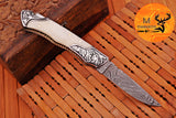CUSTOM MADE POCKET KNIFE / HAND FORGED DAMASCUS STEEL FOLDING BLADE KNIFE / CAMEL BONE HANDLE