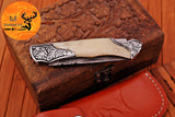CUSTOM MADE POCKET KNIFE / HAND FORGED DAMASCUS STEEL FOLDING BLADE KNIFE / CAMEL BONE HANDLE 848