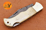 CUSTOM MADE POCKET KNIFE / HAND FORGED DAMASCUS STEEL FOLDING BLADE KNIFE / CAMEL BONE HANDLE 1329
