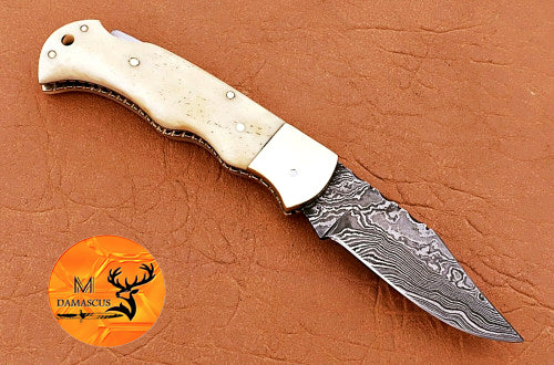 CUSTOM MADE POCKET KNIFE / HAND FORGED DAMASCUS STEEL FOLDING BLADE KNIFE / CAMEL BONE HANDLE 1329
