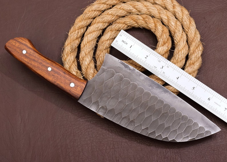 CUSTOM HANDMADE HAND FORGED CARBON STEEL CLEAVER MEAT CHOPPER BUTCHER KNIFE WOOD HANDLE WITH LEATHER SHEATH