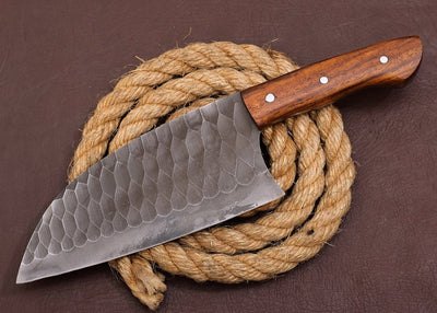 CUSTOM HANDMADE HAND FORGED CARBON STEEL CLEAVER MEAT CHOPPER BUTCHER KNIFE WOOD HANDLE WITH LEATHER SHEATH