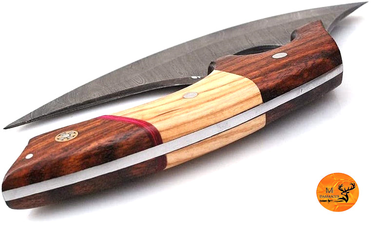 Ulu Knife Custom Made Hand Forged Damascus Steel Chef Kitchen Knife Pizza Cutter With Wood Handle