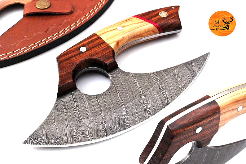 Ulu Knife Custom Made Hand Forged Damascus Steel Chef Kitchen Knife Pizza Cutter With Wood Handle