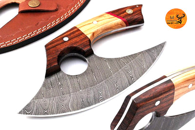 Ulu Knife Custom Made Hand Forged Damascus Steel Chef Kitchen Knife Pizza Cutter With Wood Handle