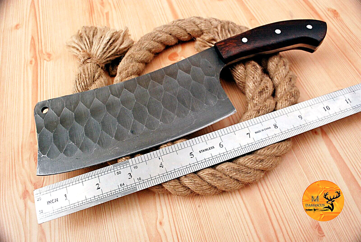 CUSTOM HANDMADE HAND FORGED CARBON STEEL CLEAVER MEAT CHOPPER BUTCHER KNIFE WOOD HANDLE WITH LEATHER SHEATH