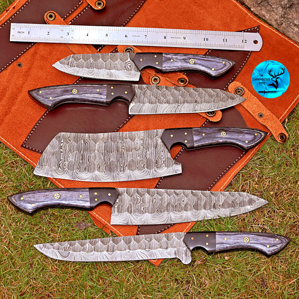 CUSTOM MADE CHEF KNIFE SET HAND FORGED DAMASCUS STEEL KITCHEN KNIVES SET WITH WOOD HANDLE 2800